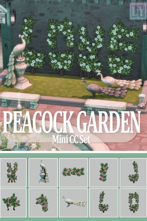 a garden with peacock statues and climbing rose arrangements