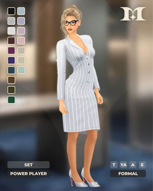 female Sim wearing a light grey pinstripe skirt suit with heels