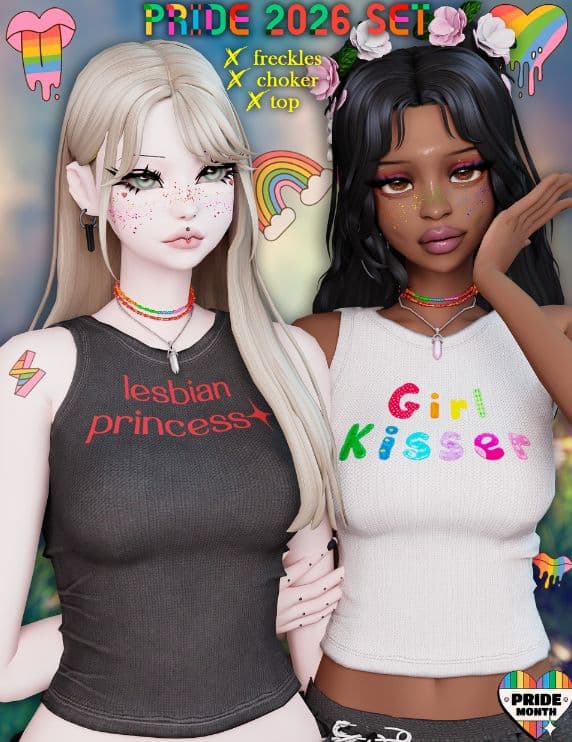 two female Sims wearing pride-themed tops, color chockers and freckles