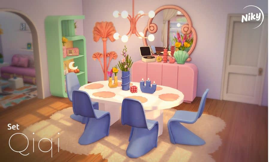 a modern dining room setup filled with colorful decor