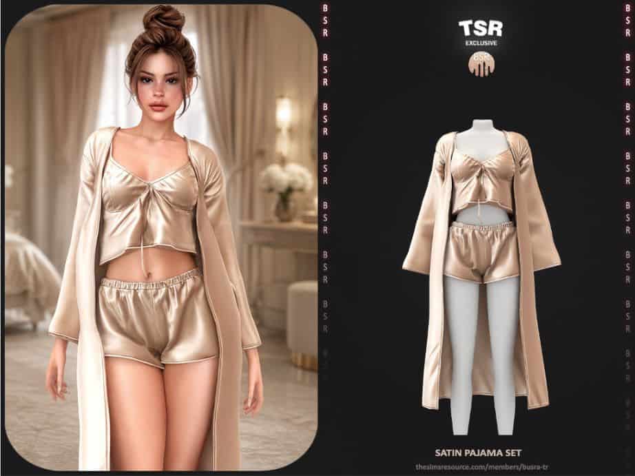 female Sim wearing a light satin pajama set with a robe