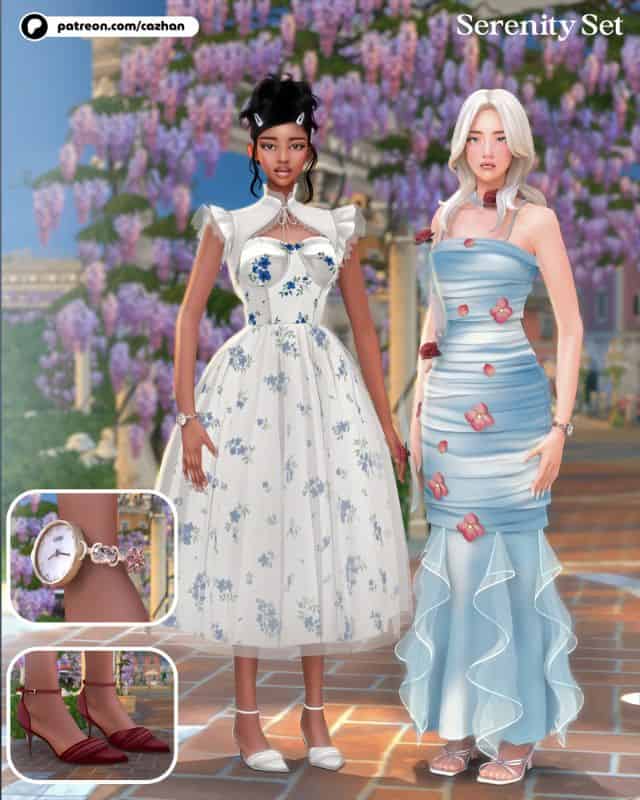 two female Sims wearing floral themed dresses with accessories