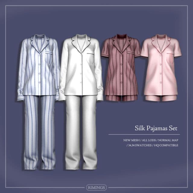 two pairs of silk pajamas shown in two color swatches each