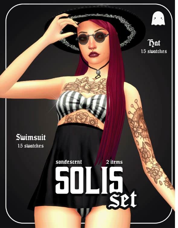 female Sim wearing a black hair, black and white bikini with skirt cover-up