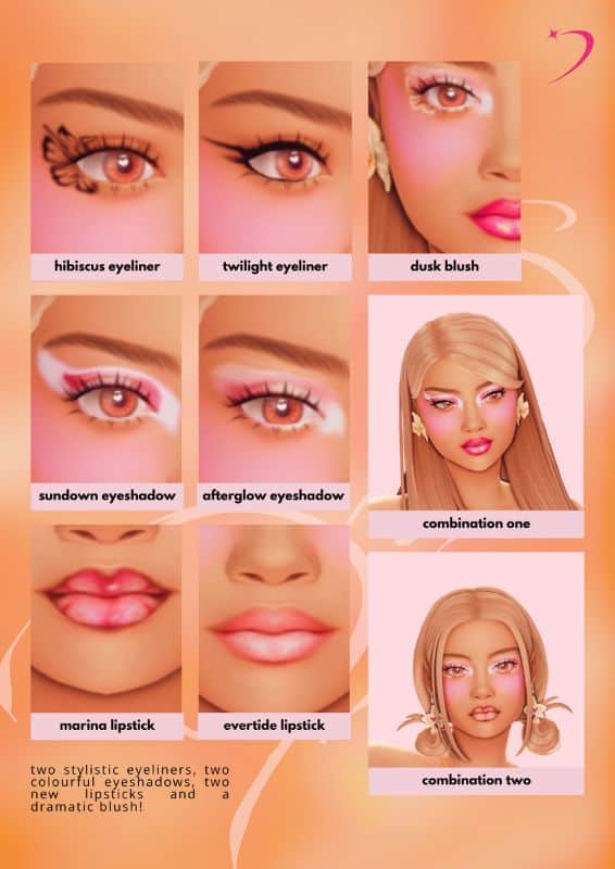 collage of Sim modeling different makeup elements