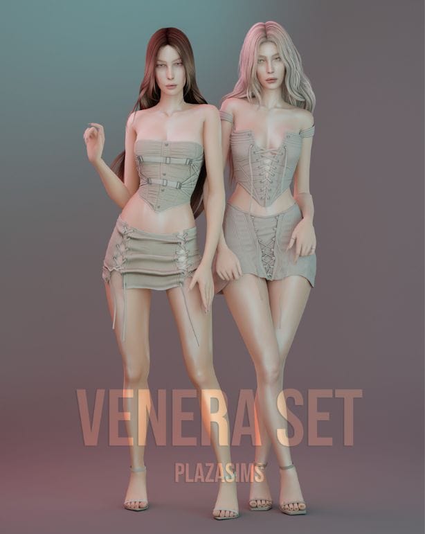 female Sims wearing corset tops and mini skirts