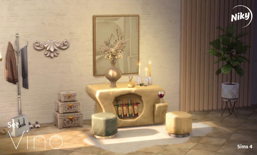 a stone-like end table, a decorative vase and ottaman
