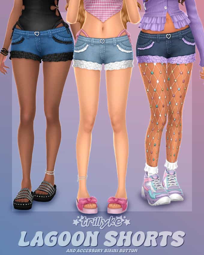 close up of Sims wearing denim shorts