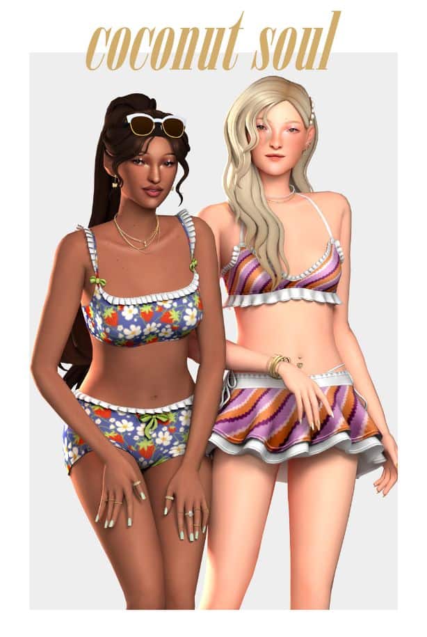 two female Sims wearing crop tops and bottoms in colorful patterns