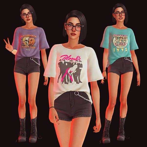 three female Sims wearing casual t-shirts with graphic designs