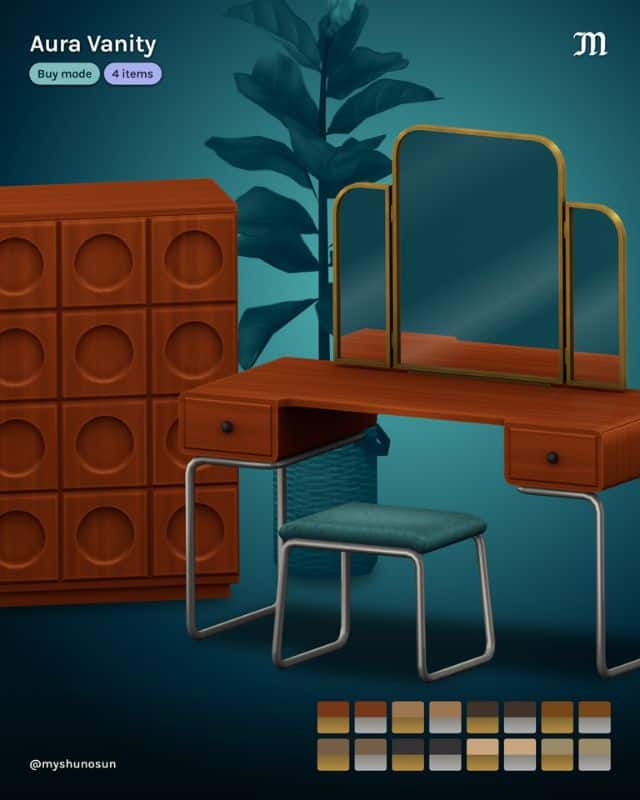 a wooden vanity table with a stool