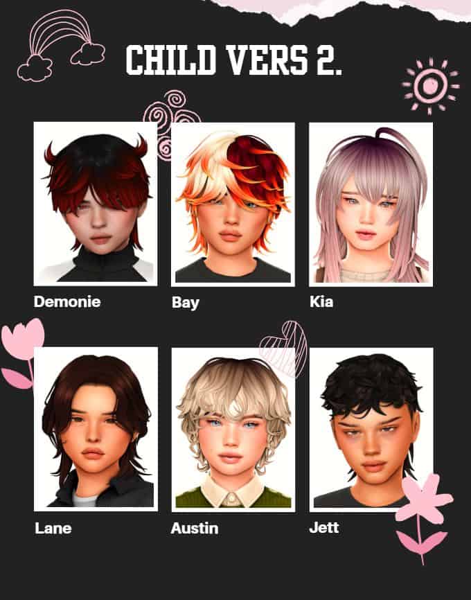 collage of six hairstyles for child Sims