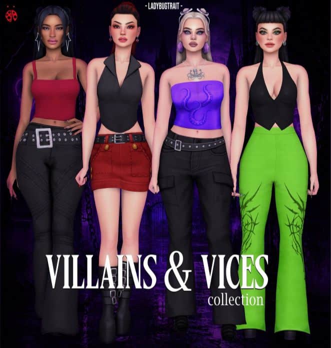 four female Sims wearing dark Y2K-inspired outfits