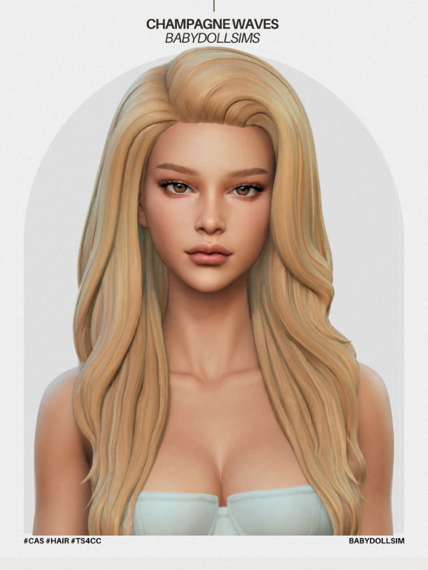 blond female Sim with voluminous wavy hair with a side part