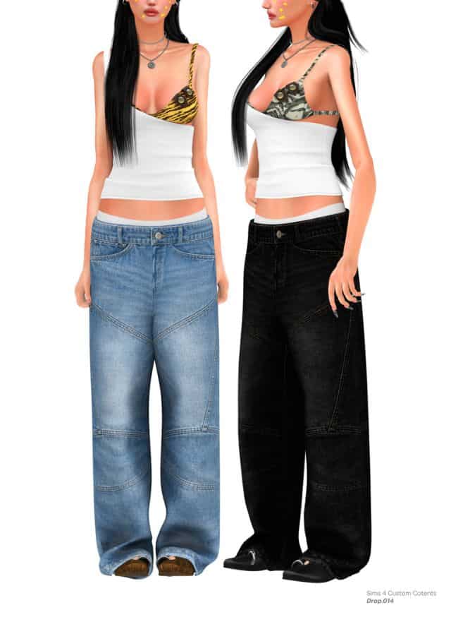 two female Sims wearing layered tops, baggy jeans and toe mules