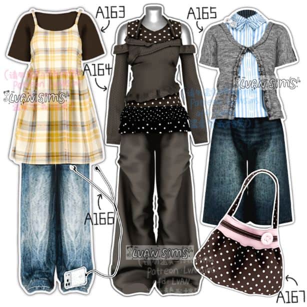 collage of mixed outfits and a purse