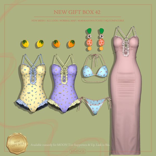 collage of a pink dress, swimsuits, a bikini and earrings