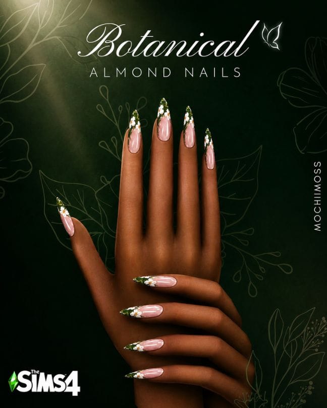close up of botanical-themed almond shaped nails