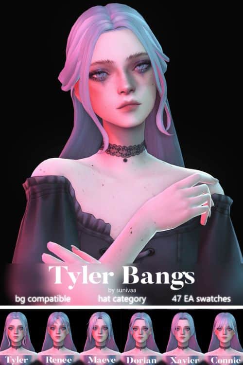 female Sim with long bangs and more bang options shown in a table
