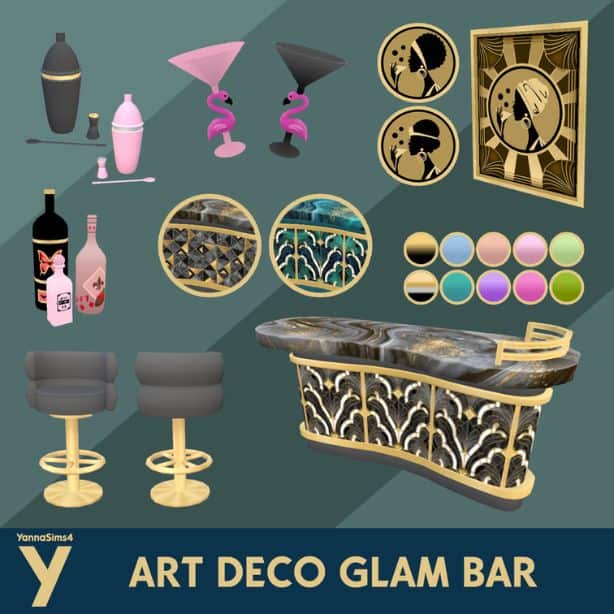 a collage of art deco themed bar items