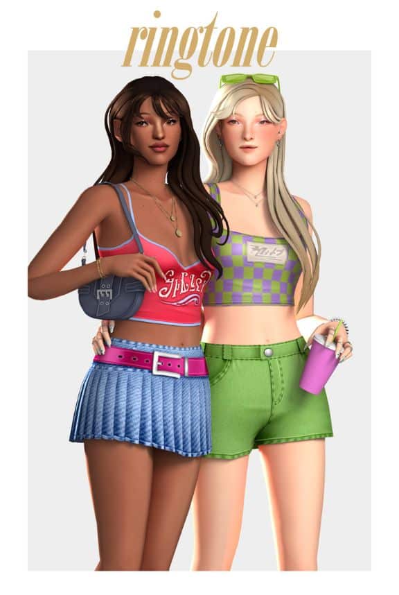 two female Sims wearing colorful crop tops and bottoms