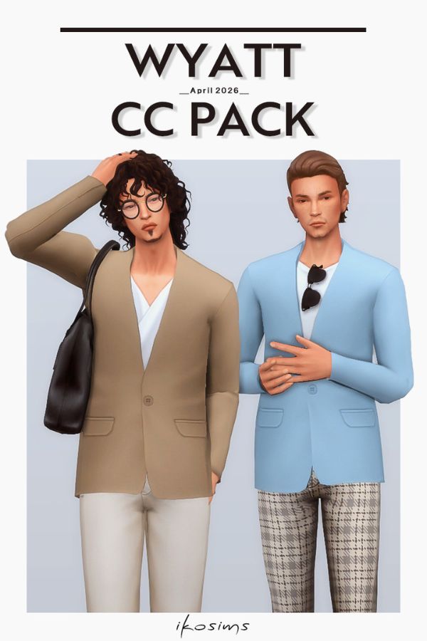 male Sim wearing a jacket layered over a white top, with pants and a leather bag