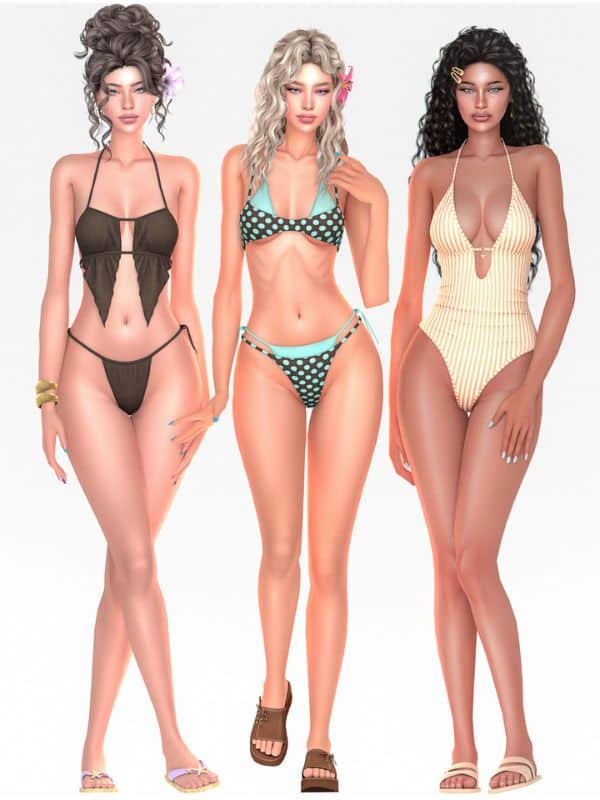 three female Sims wearing modern swimsuits and bikinis