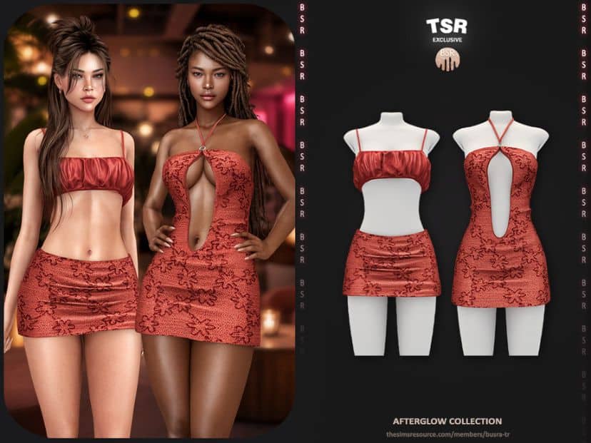 two female Sims wearing a halter mini dress, a crop top and mini skirt