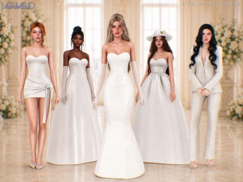 five female Sims wearing wedding dresses and a bridal suit