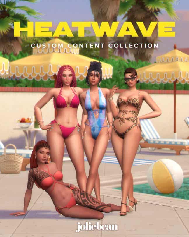 four female Sims posing in swimsuits