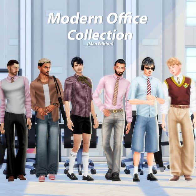 six male Sims dressed for modern office looks