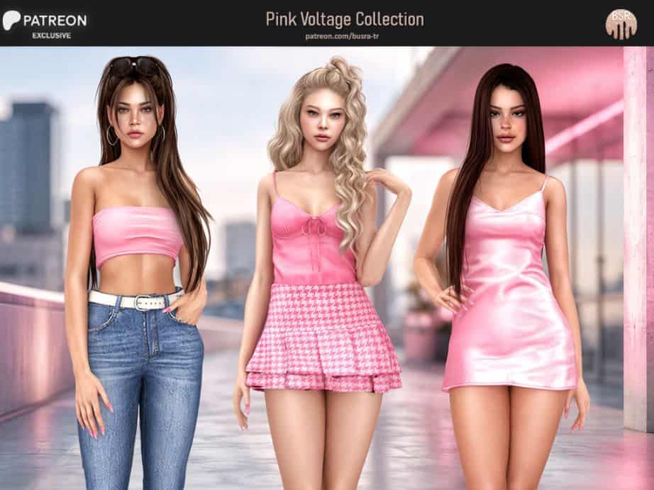 three female Sims wearing pink-themed outfits