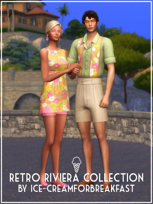 Sim couple wearing vintage outfits with floral details
