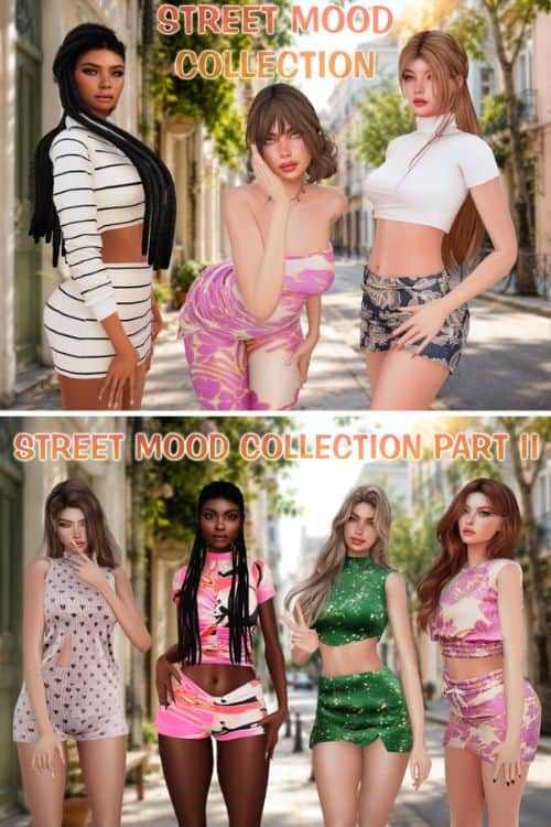 seven female Sims wearing trendy outfits