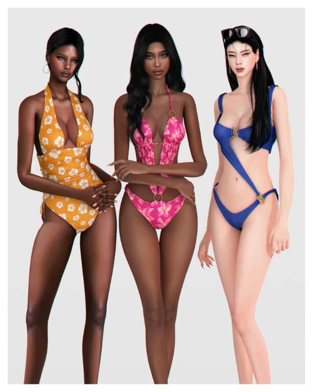 three female Sims wearing different styles of one-piece swimsuits