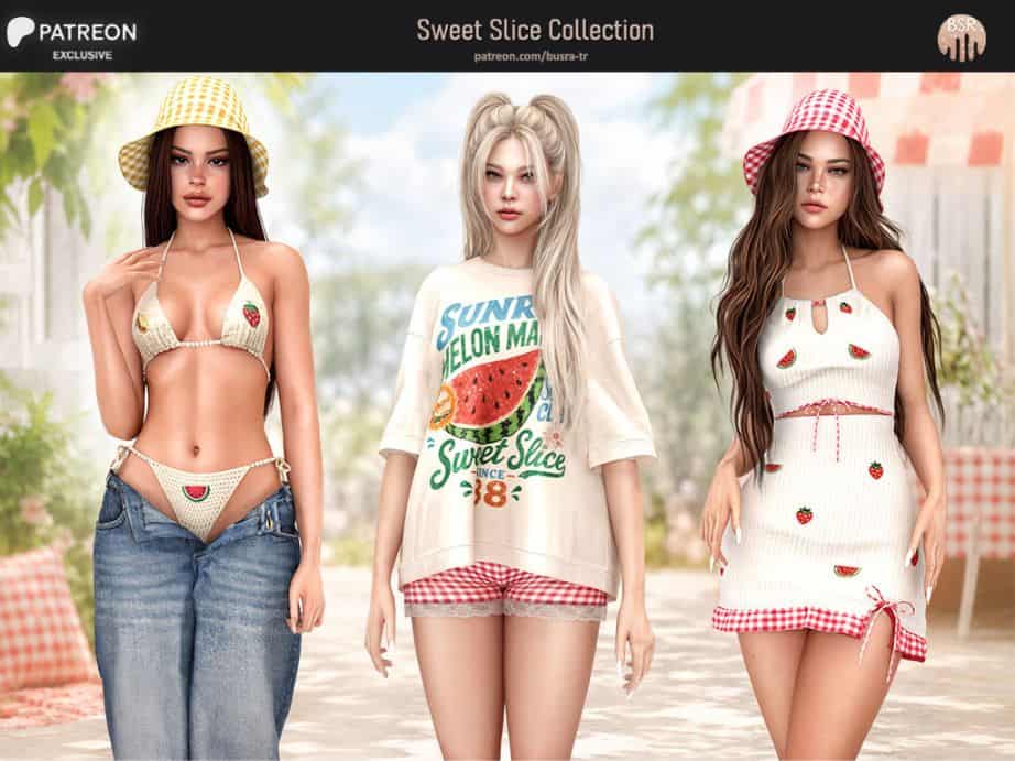 three female Sims wearing watermelon-themed clothing
