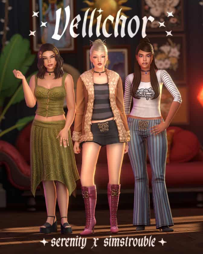 three female Sims dressed in Whimsigoth-inspired outfits