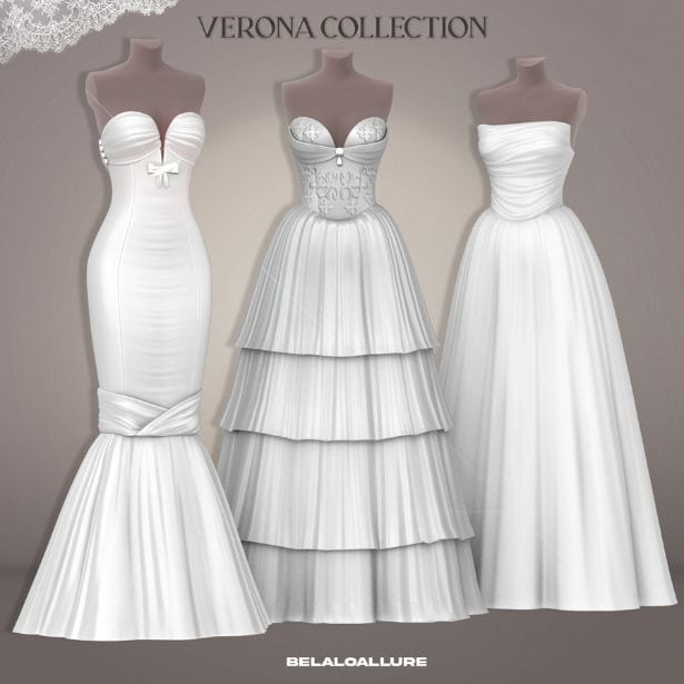 three strapless wedding dresses on mannequins