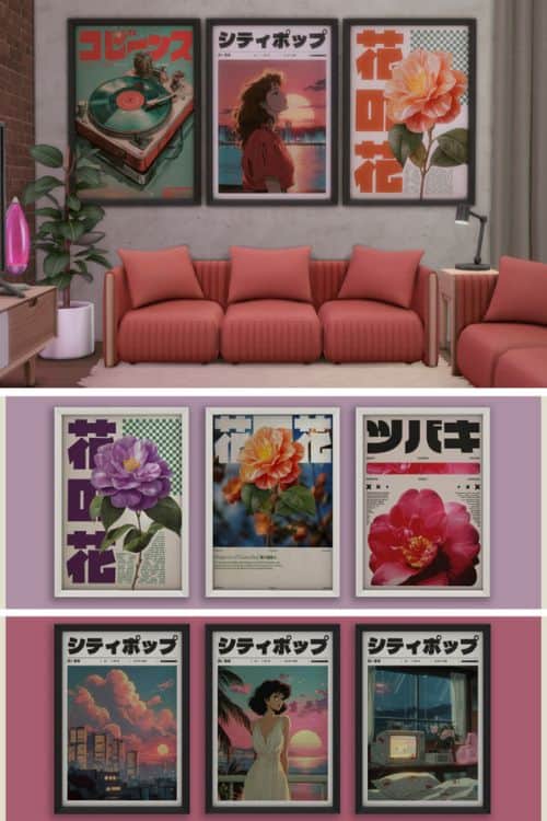 a living room with framed posters