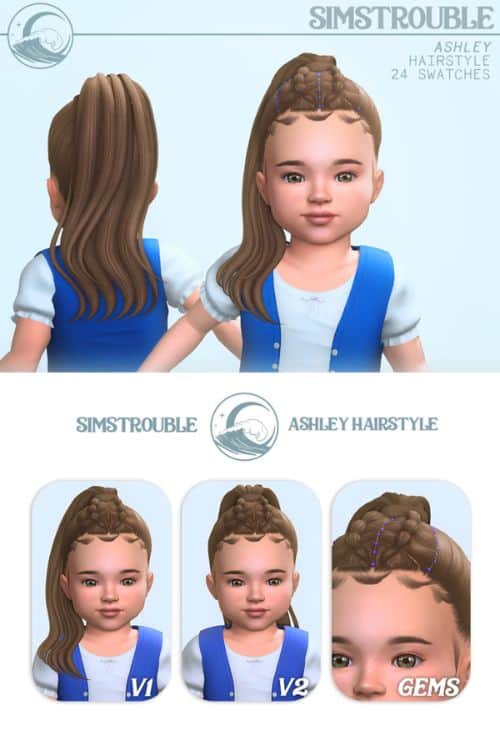 brunette female toddler Sim with a high ponytail with a tied top section and baby hairs along the front