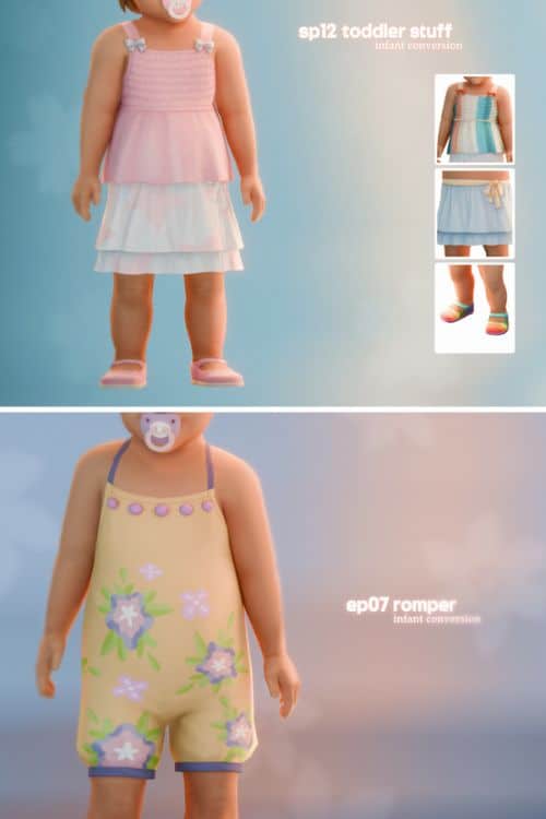 infant Sims wearing a pastel outfit and another in a romper