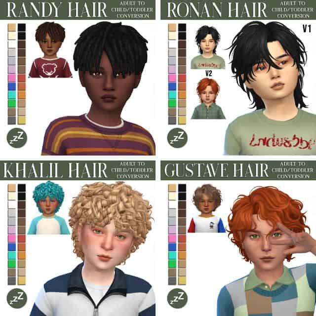 collage of four male child Sims with different hairstyles