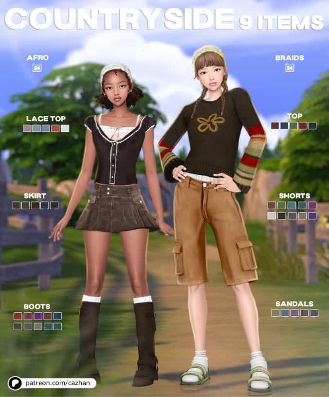 female Sims wearing casual countryside-inspired clothes
