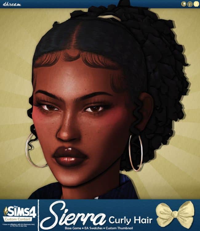black female Sim with curly ponytail and baby hairs