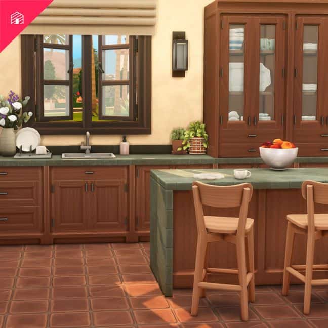 a wooden kitchen with green stone countertops
