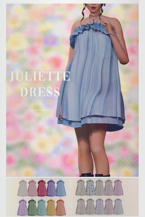 female Sim wearing a light blue flowy halter dress