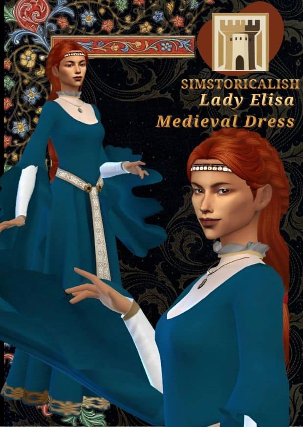 female Sim wearing blue belted medieval dress