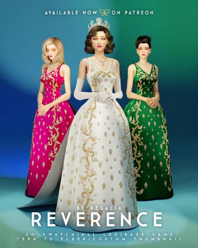 three female Sims wearing royal dresses with gold embroidered details