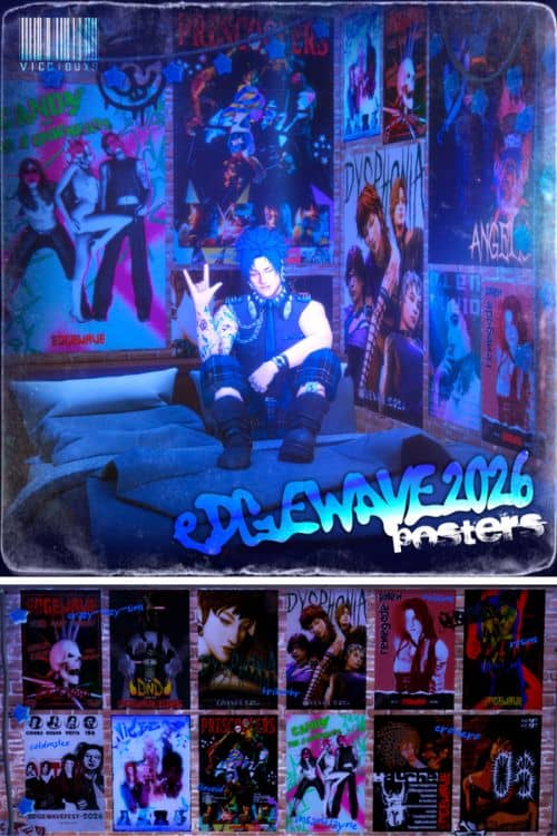 a Sim sitting on a bed with rock-themed posters all over the bedroom wall