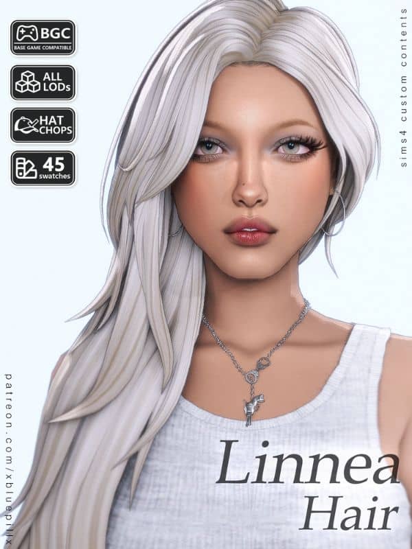 female Sim with a long, layered straight hairstyle falling down the shoulder